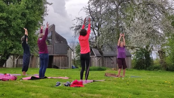Yoga sous les poiriers en fleurs